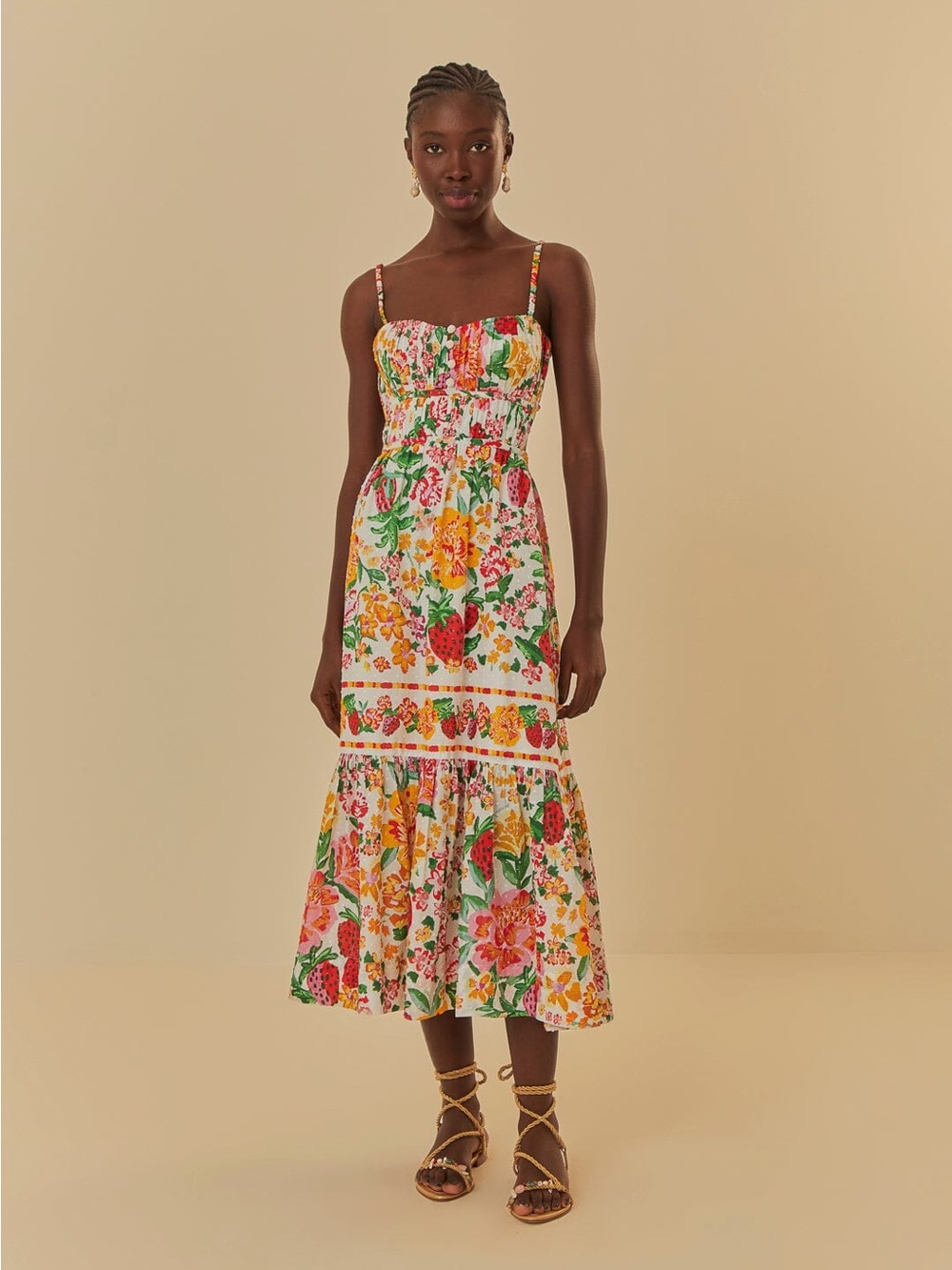 Farm Rio White Floral Sketch Midi Dress | Size Large